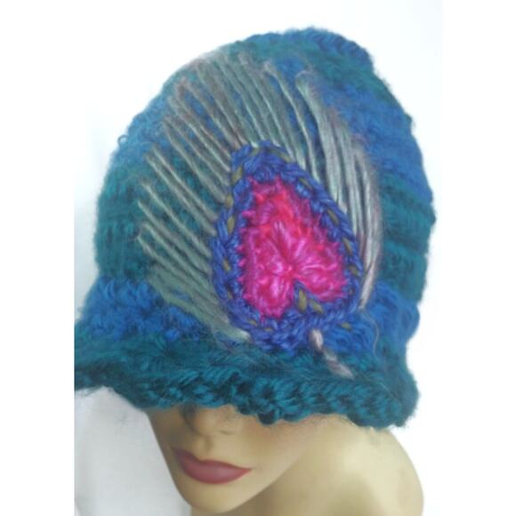 NEW Crochet Peacock Feather Hat Hand Crafted Green Blue Pink Colors Warm Beanie - Picture 4 of 12